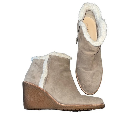 Cole Haan Winter Fur Lined Wedge Booties Tan Suede - Picture 1 of 6